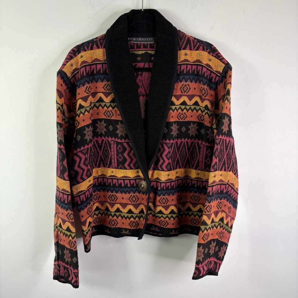 VTG NEW IDENTITY Women 1X Colorful Geometric Print Collar Button Front Cardigan